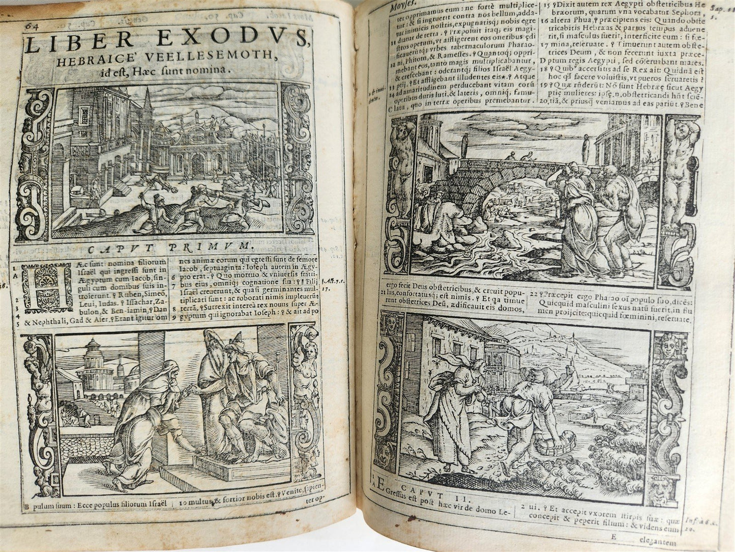 1574 BIBLE in LATIN FULLY ILLUSTRATED w/ NUMEROUS WOODCUTS antique VELLUM BOUND