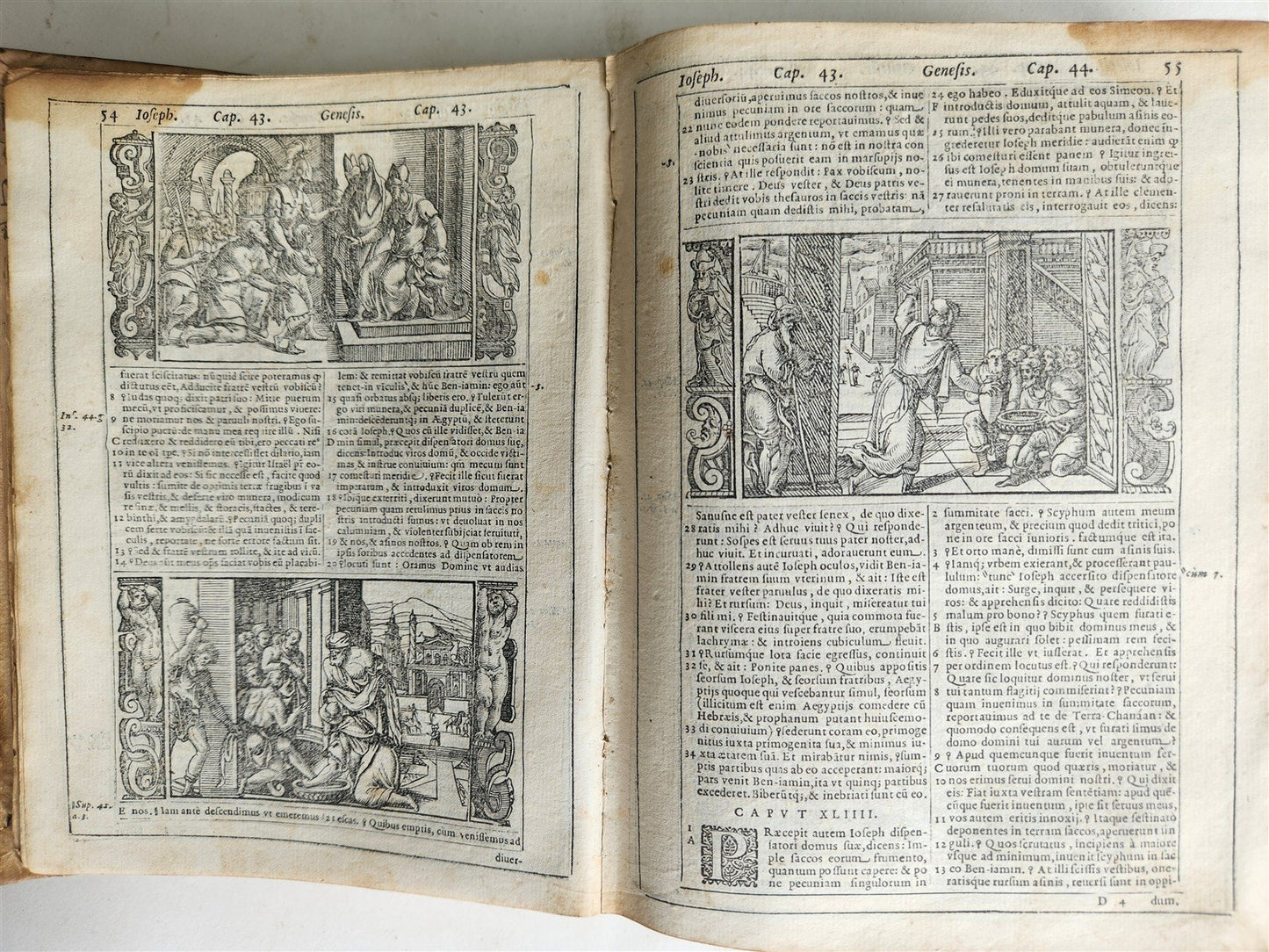 1574 BIBLE in LATIN FULLY ILLUSTRATED w/ NUMEROUS WOODCUTS antique VELLUM BOUND