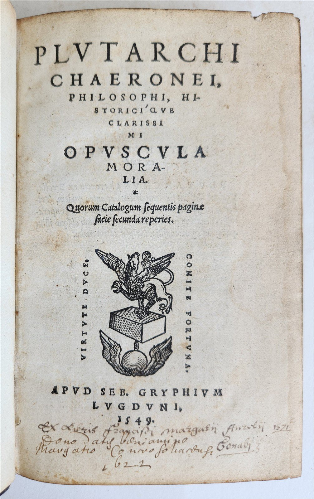 1549 PLUTARCHI CHAERONEI PHILOSOPHI HISTORICI antique 16th CENTURY Seb. Gryphius