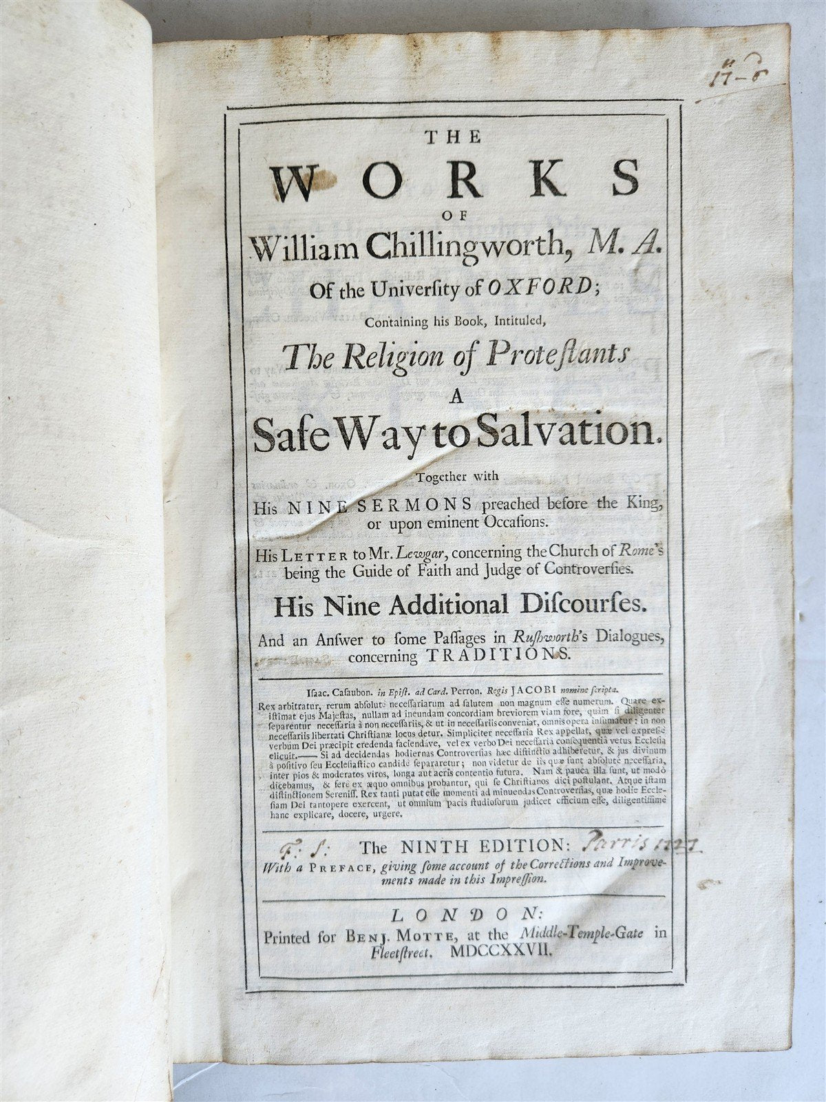 1727 PROTESTANT SERMONS antique WORKS OF WILLIAM CHILLINGWORTH folio