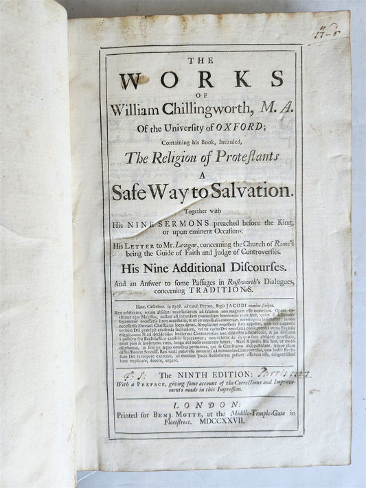 1727 PROTESTANT SERMONS antique WORKS OF WILLIAM CHILLINGWORTH folio