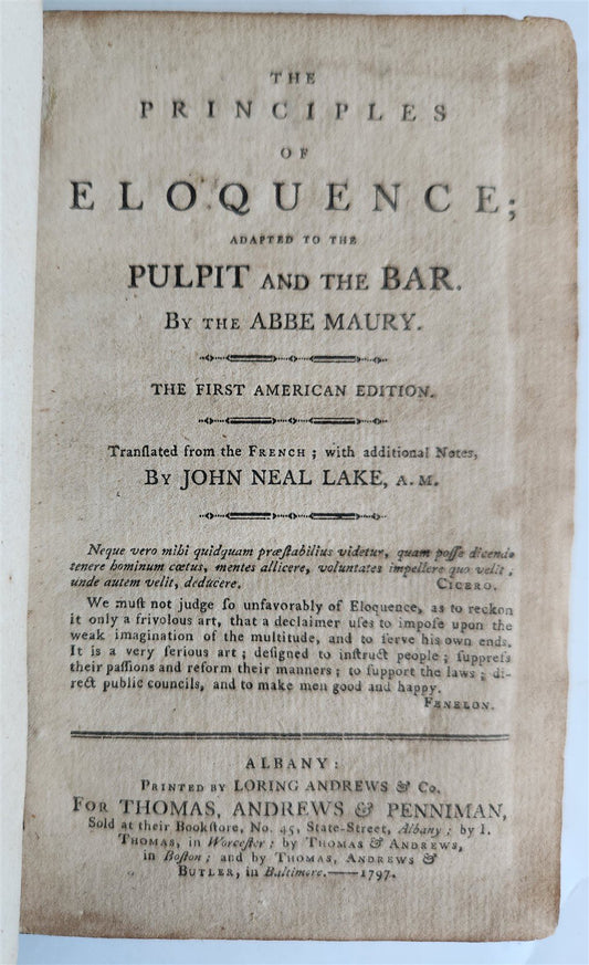 1797 THE PRINCIPLES of ELOQUENCE: antique First American Edition ALBANY