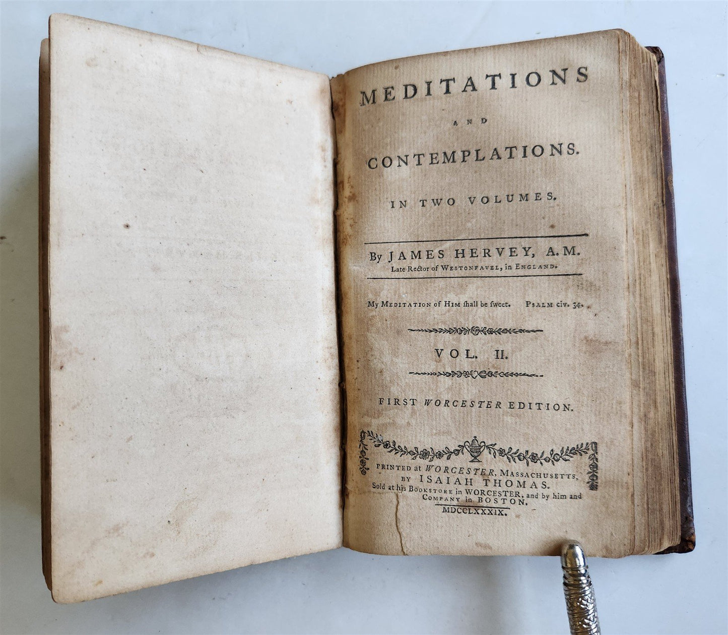 1789 MEDITATIONS and CONTEMPLATIONS antique First Worcester Edition AMERICANA