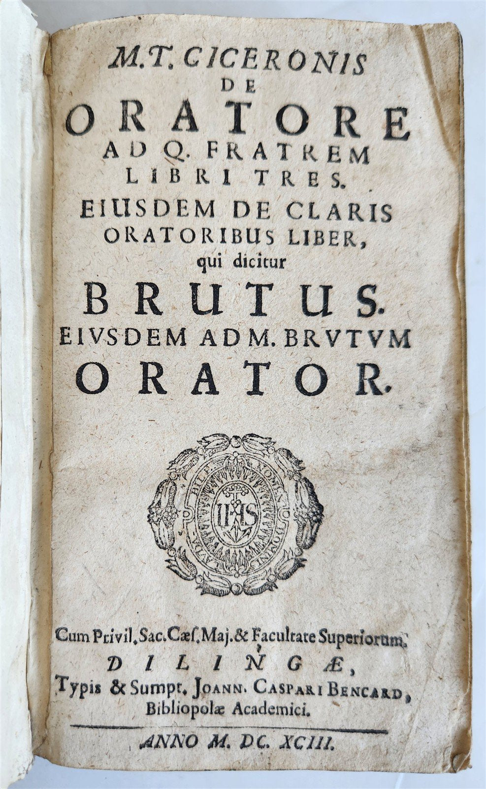 1693 M.T.CICERO de ORATORE antique BLIND TOOLED PIGSKIN BINDING