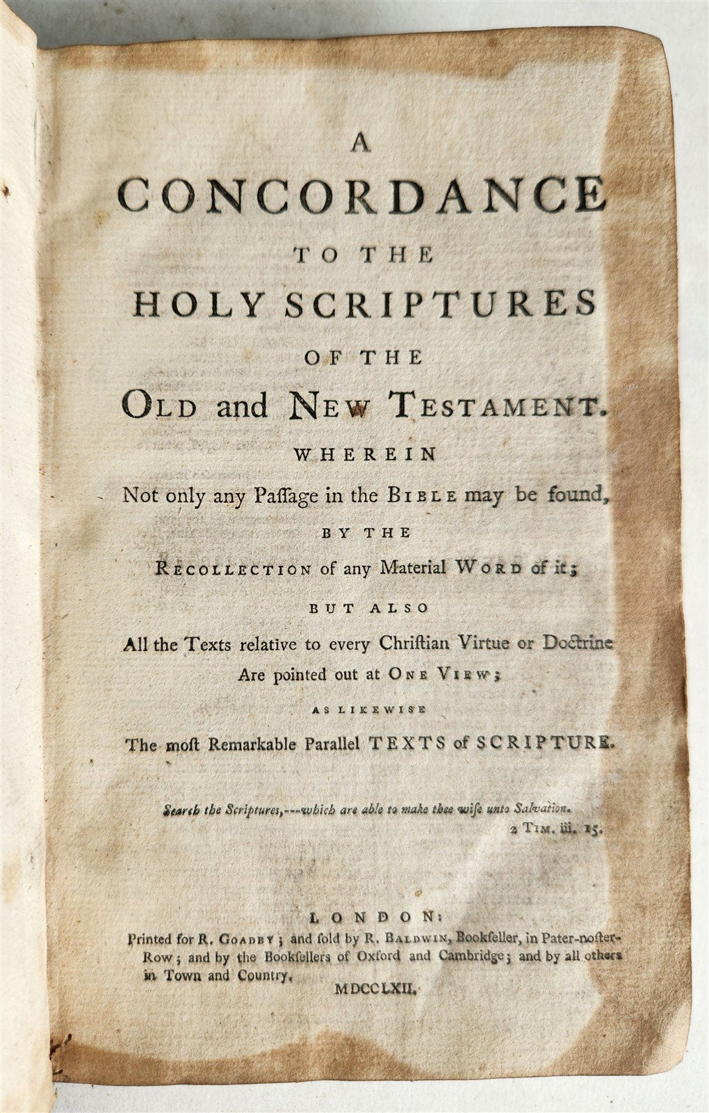 1762 CONCORDANCE to BIBLE HOLY SCRIPTURES of OLD AND NEW TESTAMENT antique