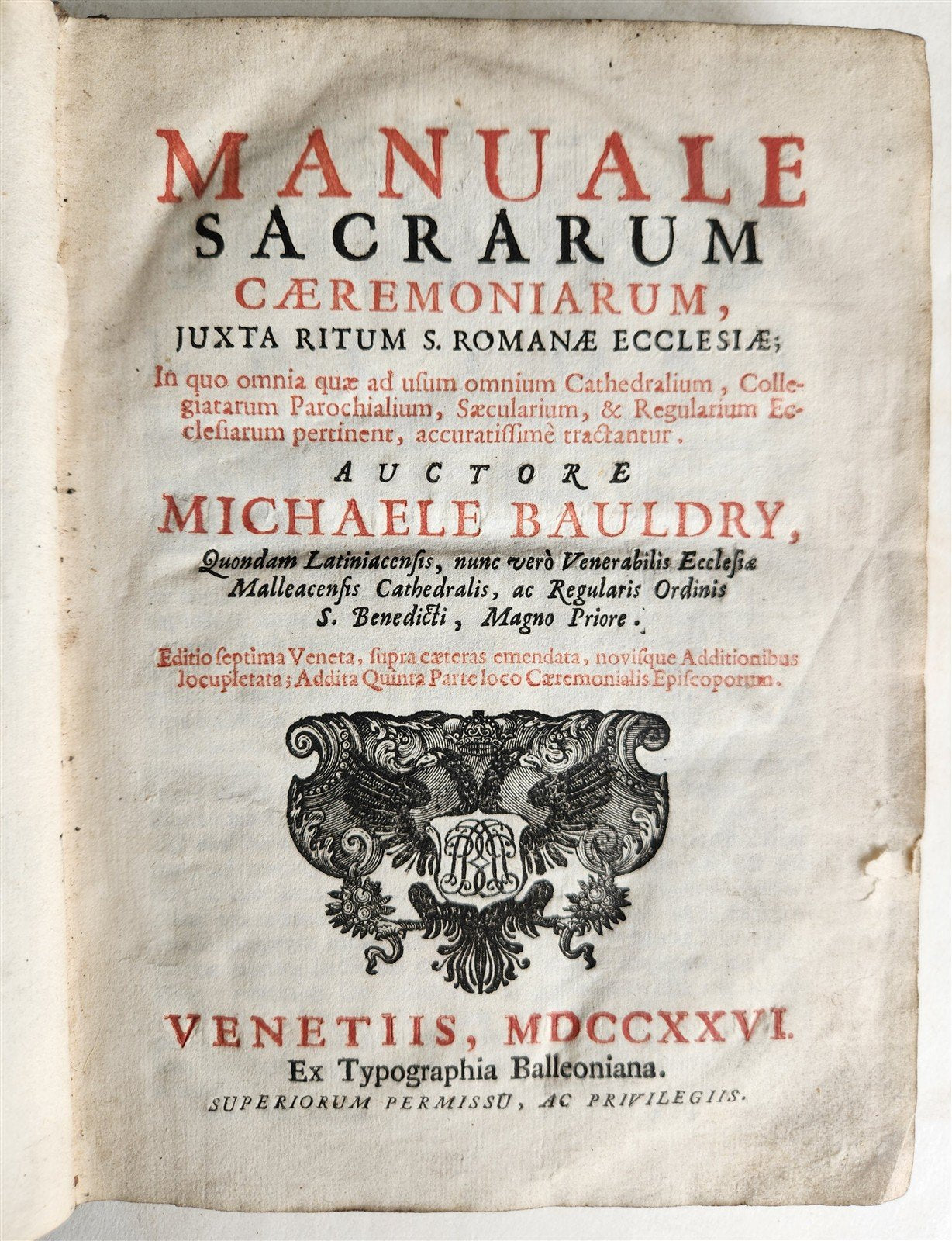 1726 MANUALE SACRUM CAEREMONIARUM by MICHAELE BAULDRY antique