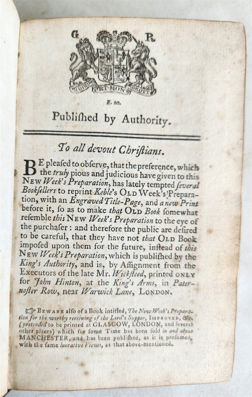 1750s THE NEW WEEK'S PREPARATION for ...LORD'S SUPPER in ENGLISH antique