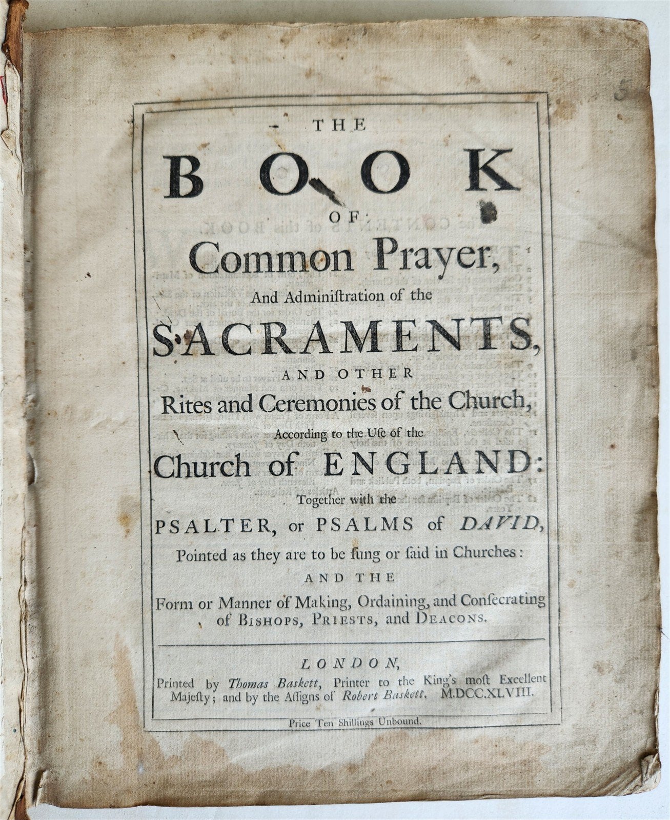 1748 BOOK OF COMMON PRAYER in ENGLISH antique FOLIO