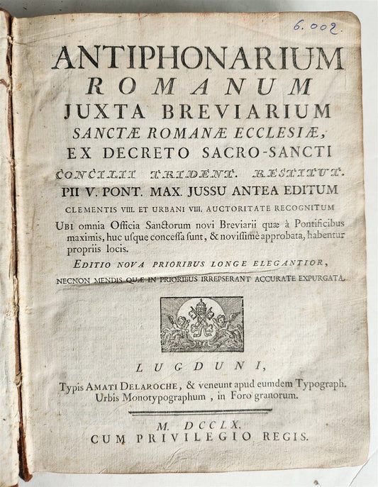 1760 ANTIPHONARIUM ROMANUM BREVIARIUM 'Sacro Sancti Concilii Tridentini' antique