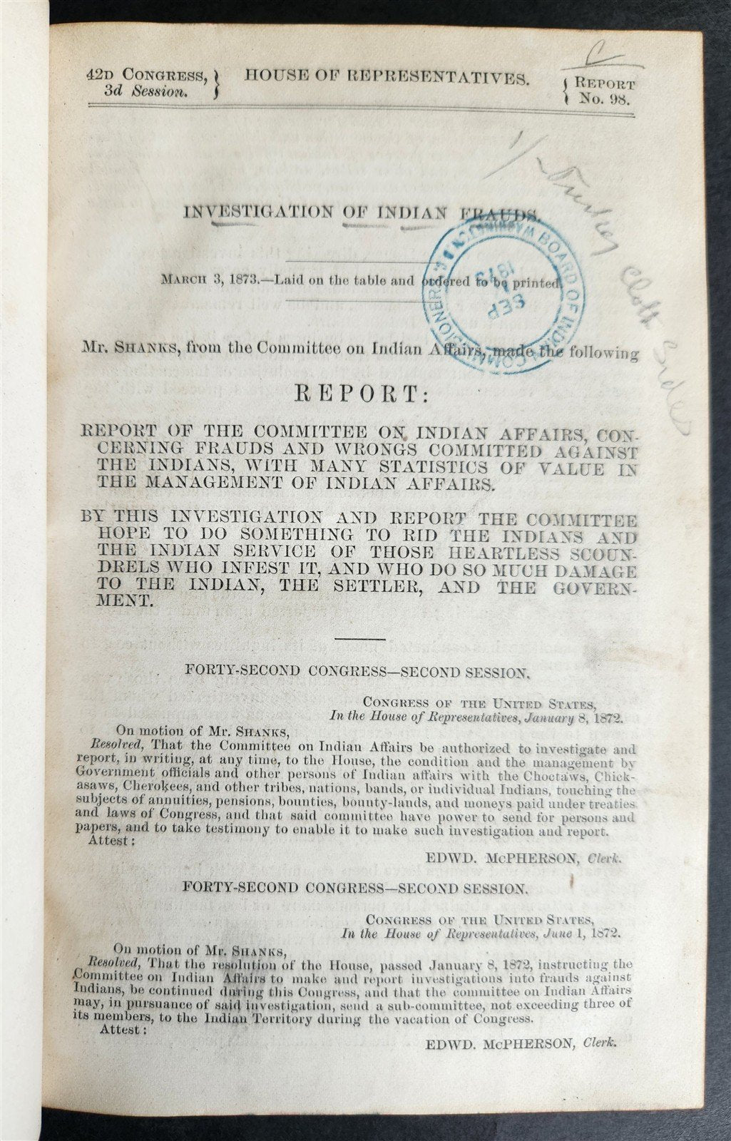 1873 INVESTIGATION of INDIAN FRAUDS CONGRESSIONAL REPORT antique AMERICANA