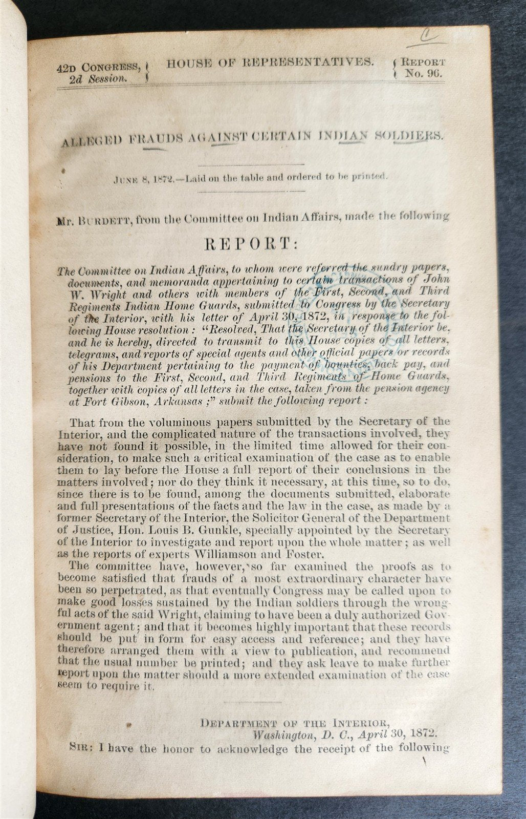 1872 ALLEGED FRAUDS AGAINST CERTAIN INDIAN SOLDIERS REPORT antique AMERICANA