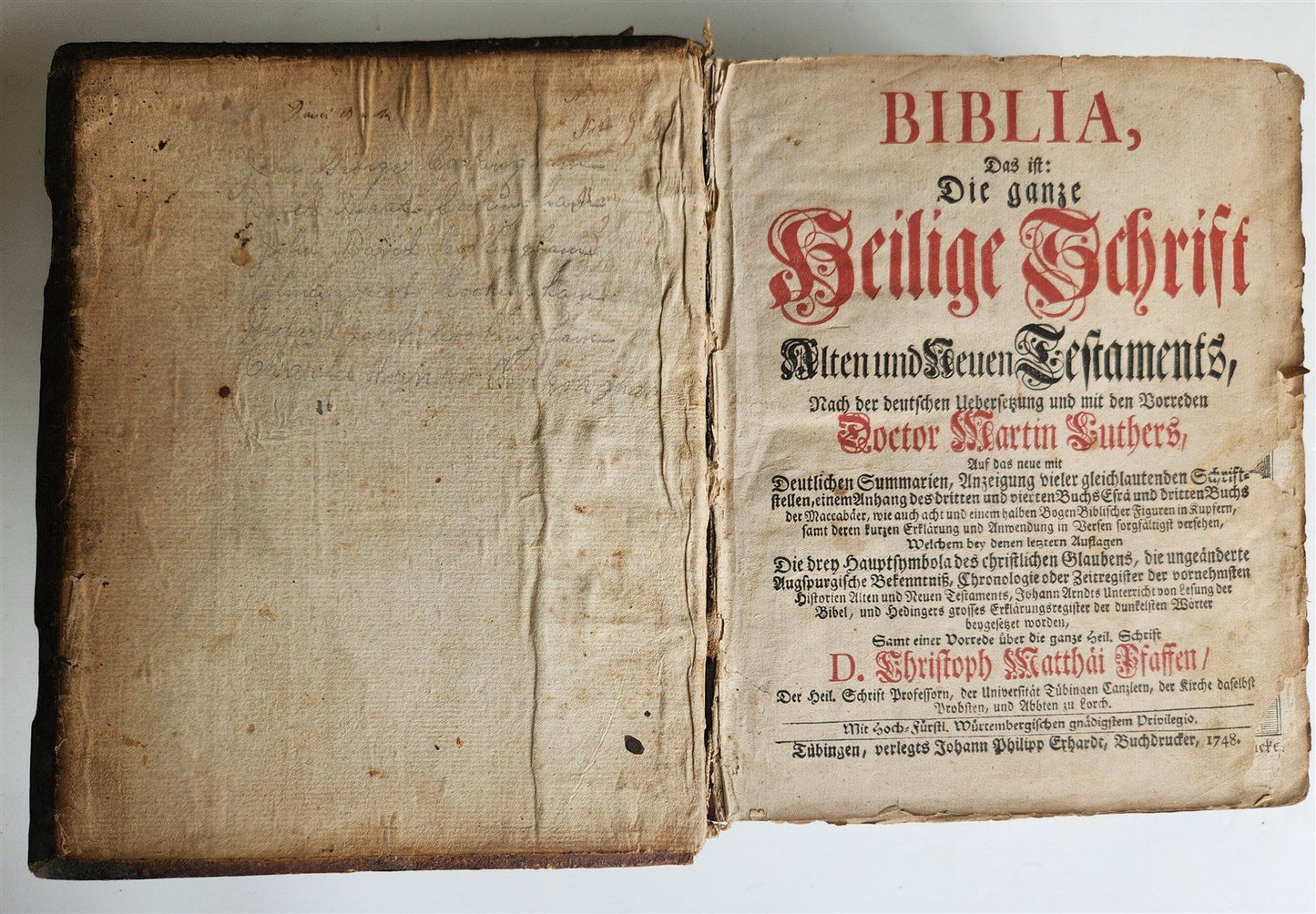 1748 BIBLE in GERMAN Old & New Testament antique ILLUSTRATED pigskin binding