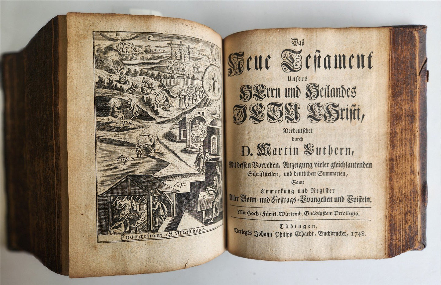 1748 BIBLE in GERMAN Old & New Testament antique ILLUSTRATED pigskin binding