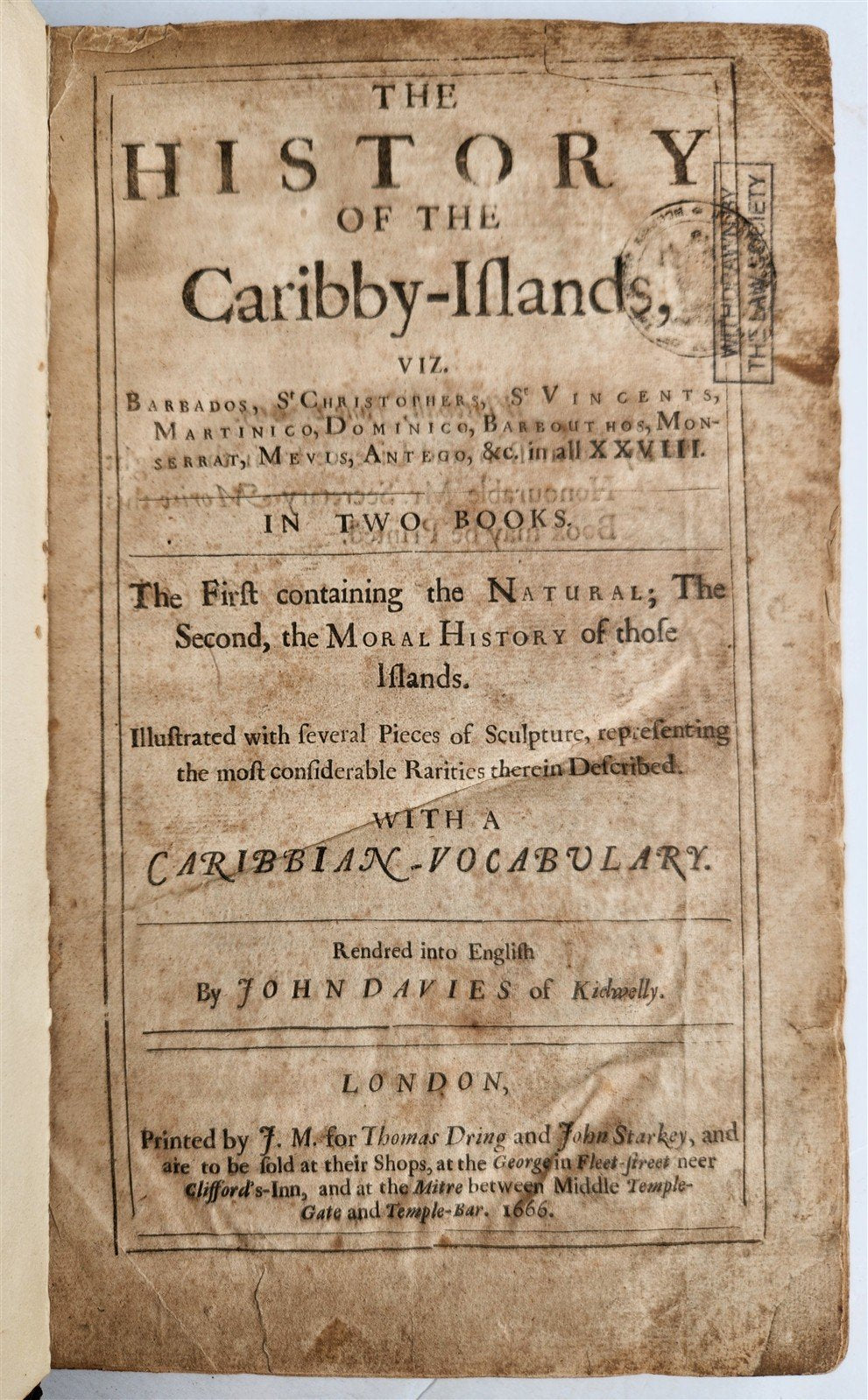 1666 HISTORY of CARIBBY ISLAND 1st ENGLISH EDITION antique ILLUSTRATED rare