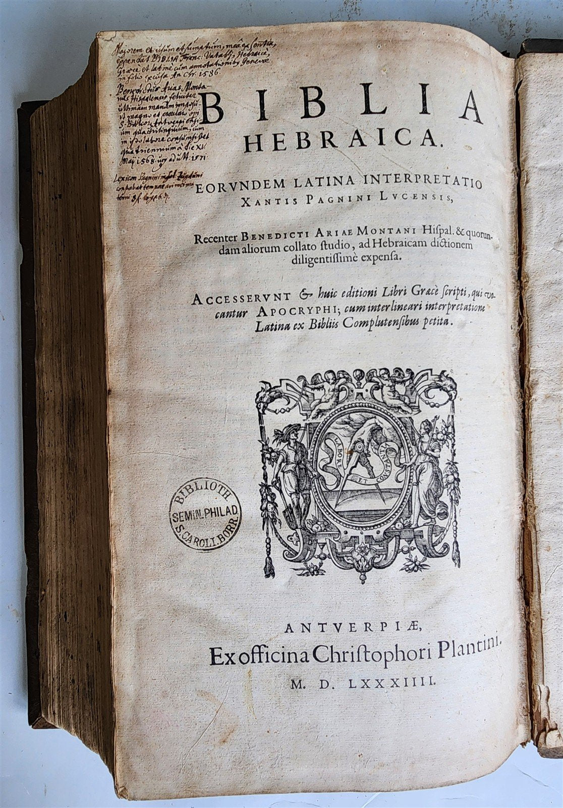 1584 BIBLE in GREEK & HEBREW antique 16th c PIGSKIN BOUND FOLIO by PLANTIN rare