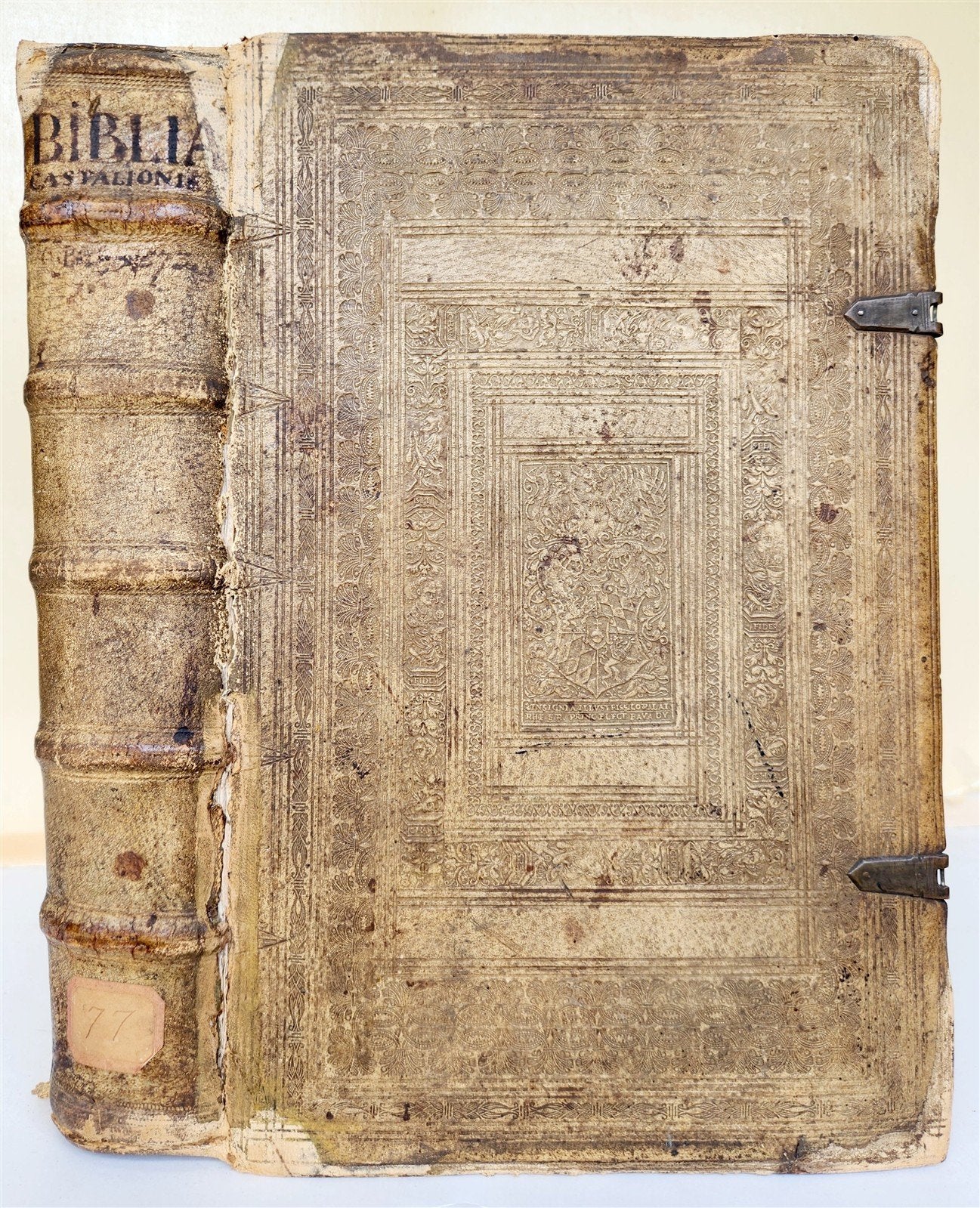 1573 BIBLE in LATIN ILLUSTRATED antique 16th c PIGSKIN BOUND FOLIO S. Castellio