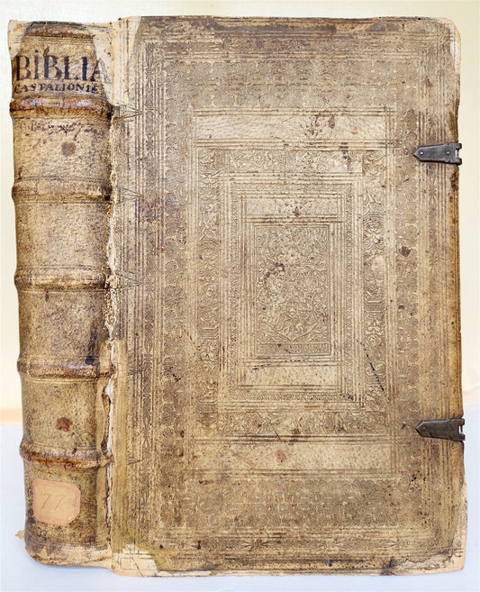 1573 BIBLE in LATIN ILLUSTRATED antique 16th c PIGSKIN BOUND FOLIO S. Castellio