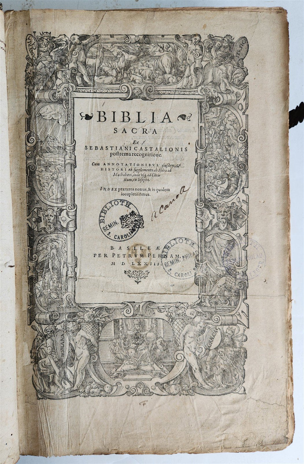 1573 BIBLE in LATIN ILLUSTRATED antique 16th c PIGSKIN BOUND FOLIO S. Castellio