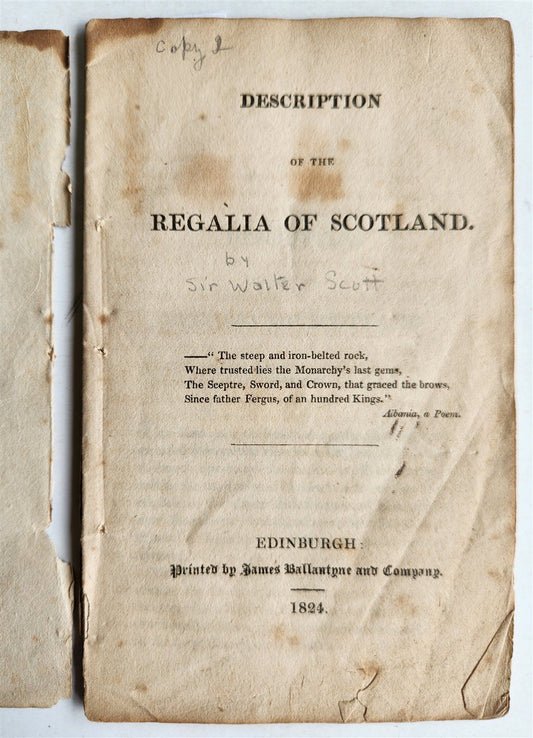 1824 DESCRIPTION OF THE REGALIA of SCOTLAND by Sir Walter Scott antique BOOKLET