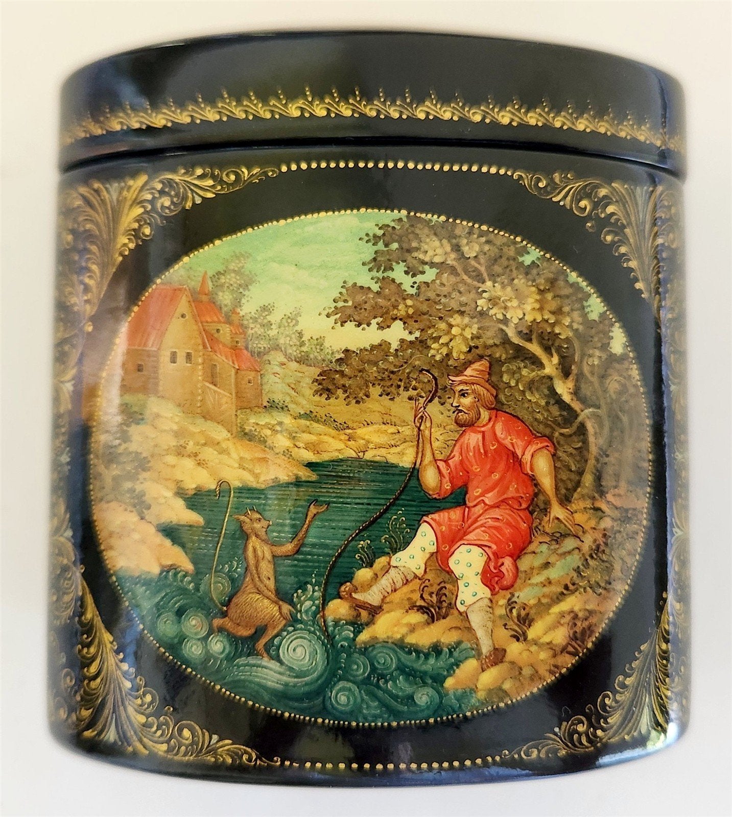 RUSSIAN MSTERA SCHOOL HIGH QUALITY LACQUER BOX Priest & his Workman Balda