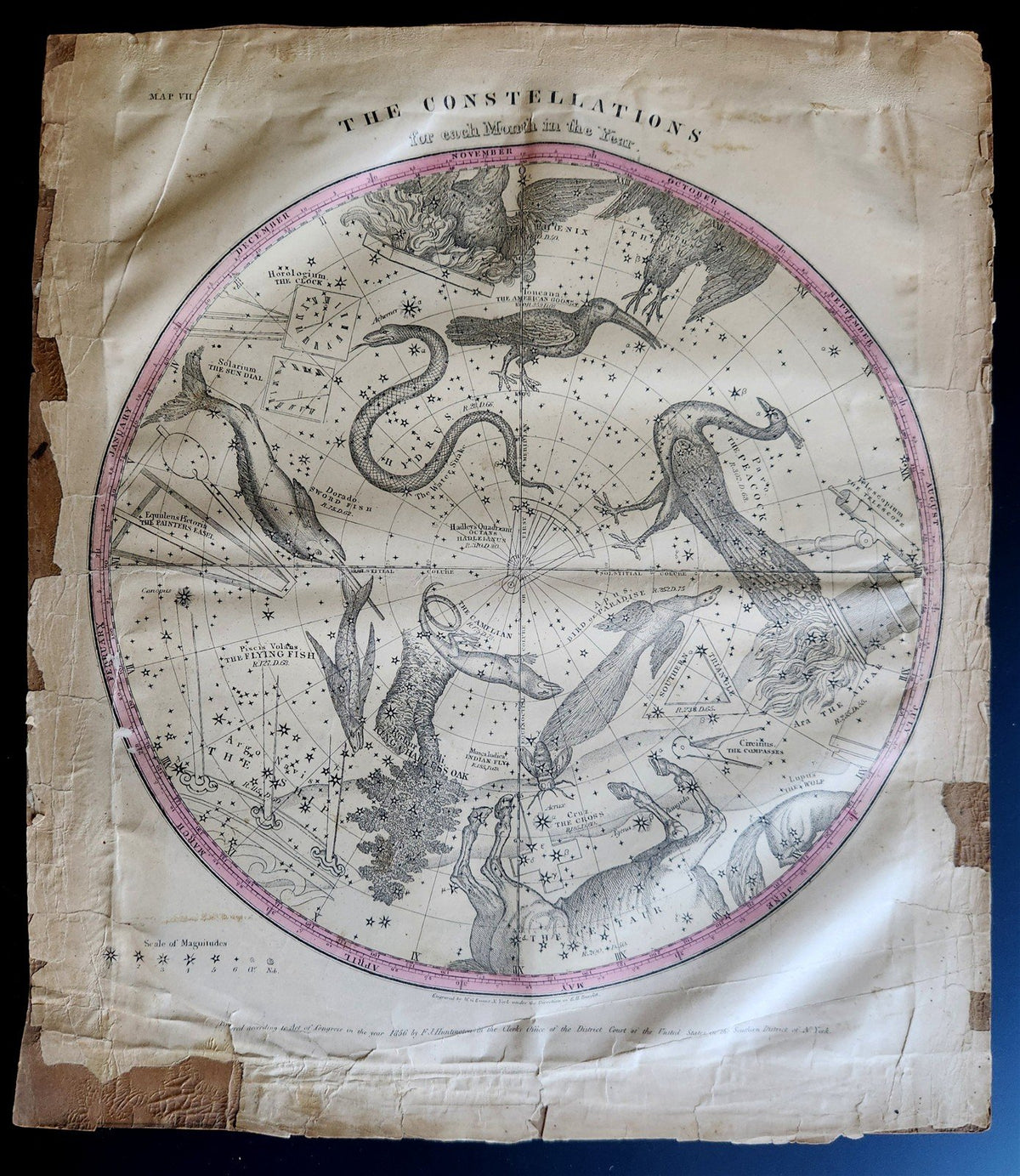1856 CONSTELLATIONS CELESTIAL MAP CHART w/ Zodiacal figures for EACH MONTH map 7