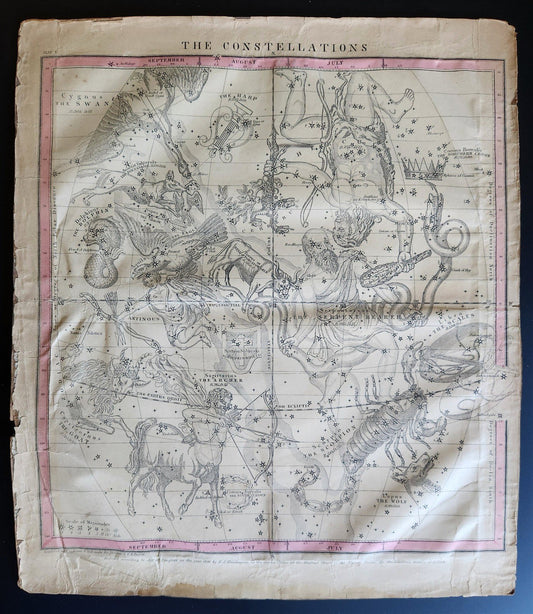 1856 CONSTELLATIONS CELESTIAL MAP CHART w/ Zodiacal figures JULY - SEPTEMBER