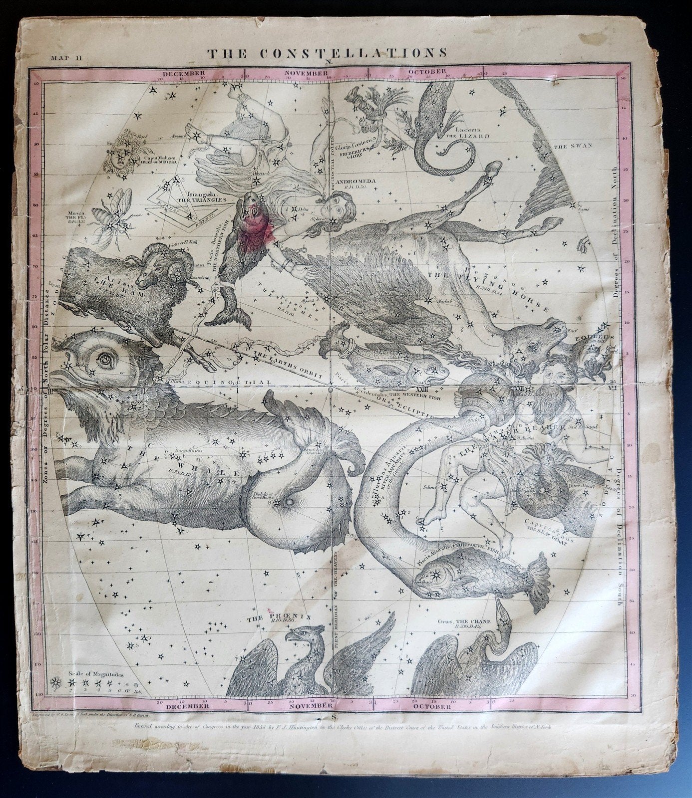 1856 CONSTELLATIONS CELESTIAL MAP CHART w/ Zodiacal figures OCTOBER - DECEMBER