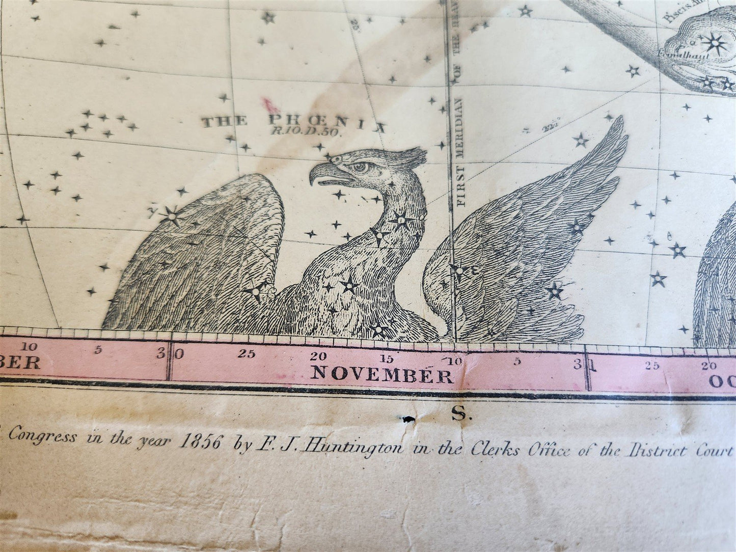 1856 CONSTELLATIONS CELESTIAL MAP CHART w/ Zodiacal figures OCTOBER - DECEMBER