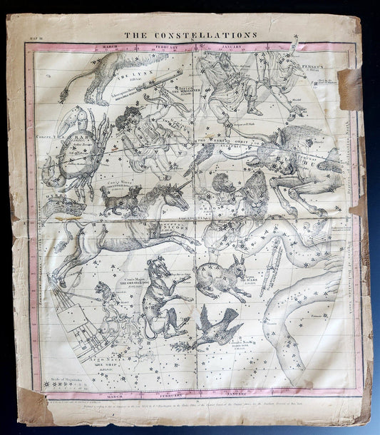 1856 CONSTELLATIONS CELESTIAL MAP CHART w/ Zodiacal figures January - March
