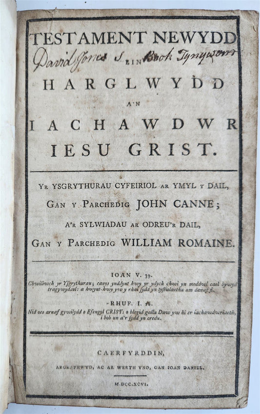 1796 BIBLE in WELSH antique NEW TESTAMENT - TESTAMENT NEWYDD