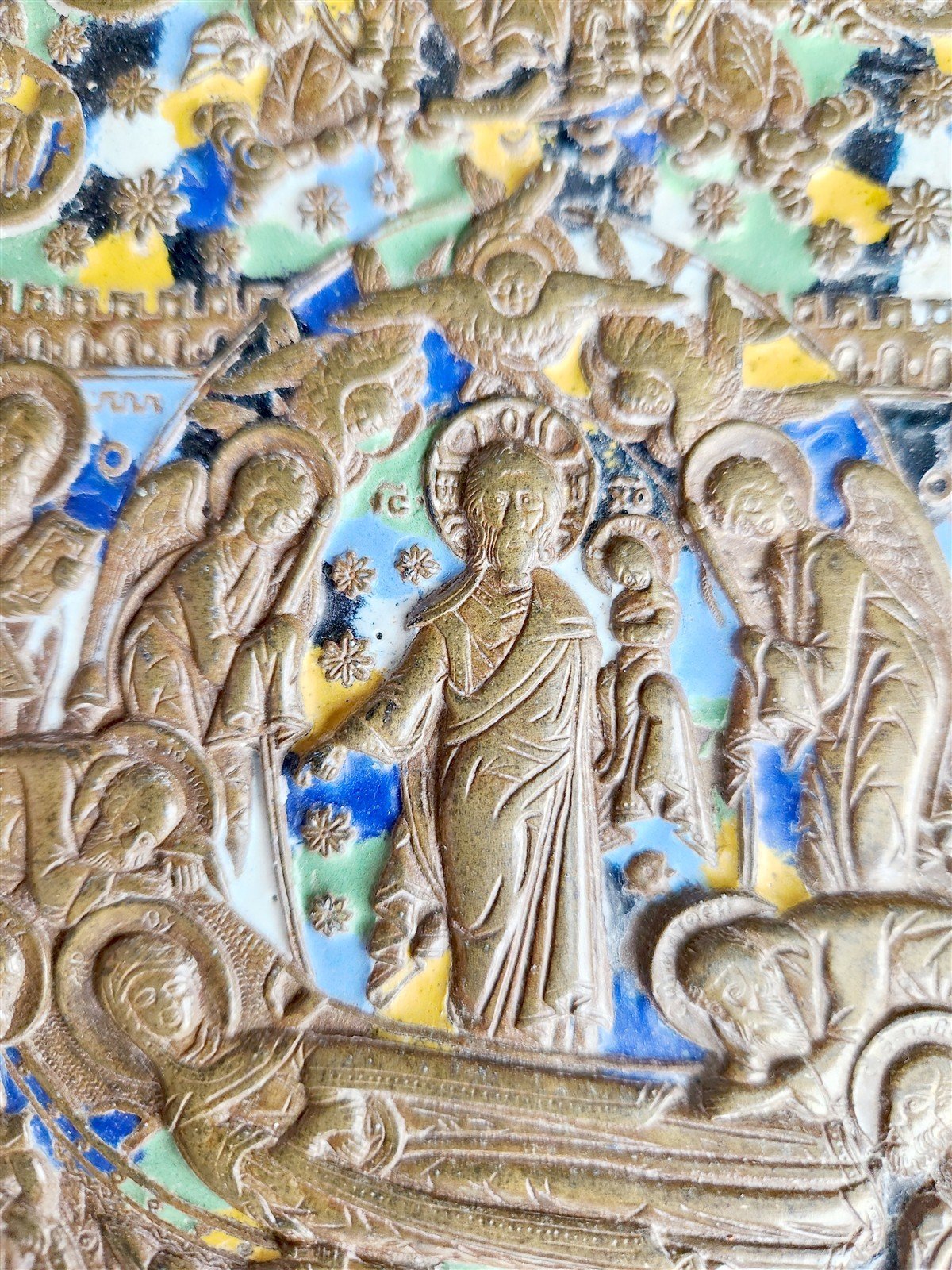 19h CENTURY RUSSIAN ORTHODOX BRONZE ENAMEL ICON antique DORMITION VERY LARGE!