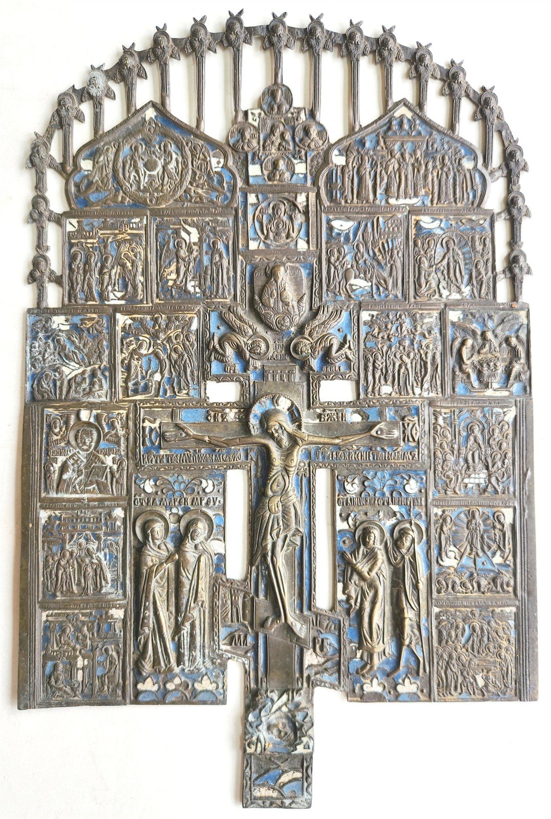 19h CENTURY RUSSIAN ORTHODOX BRONZE ENAMEL ICON CROSS antique VERY LARGE!
