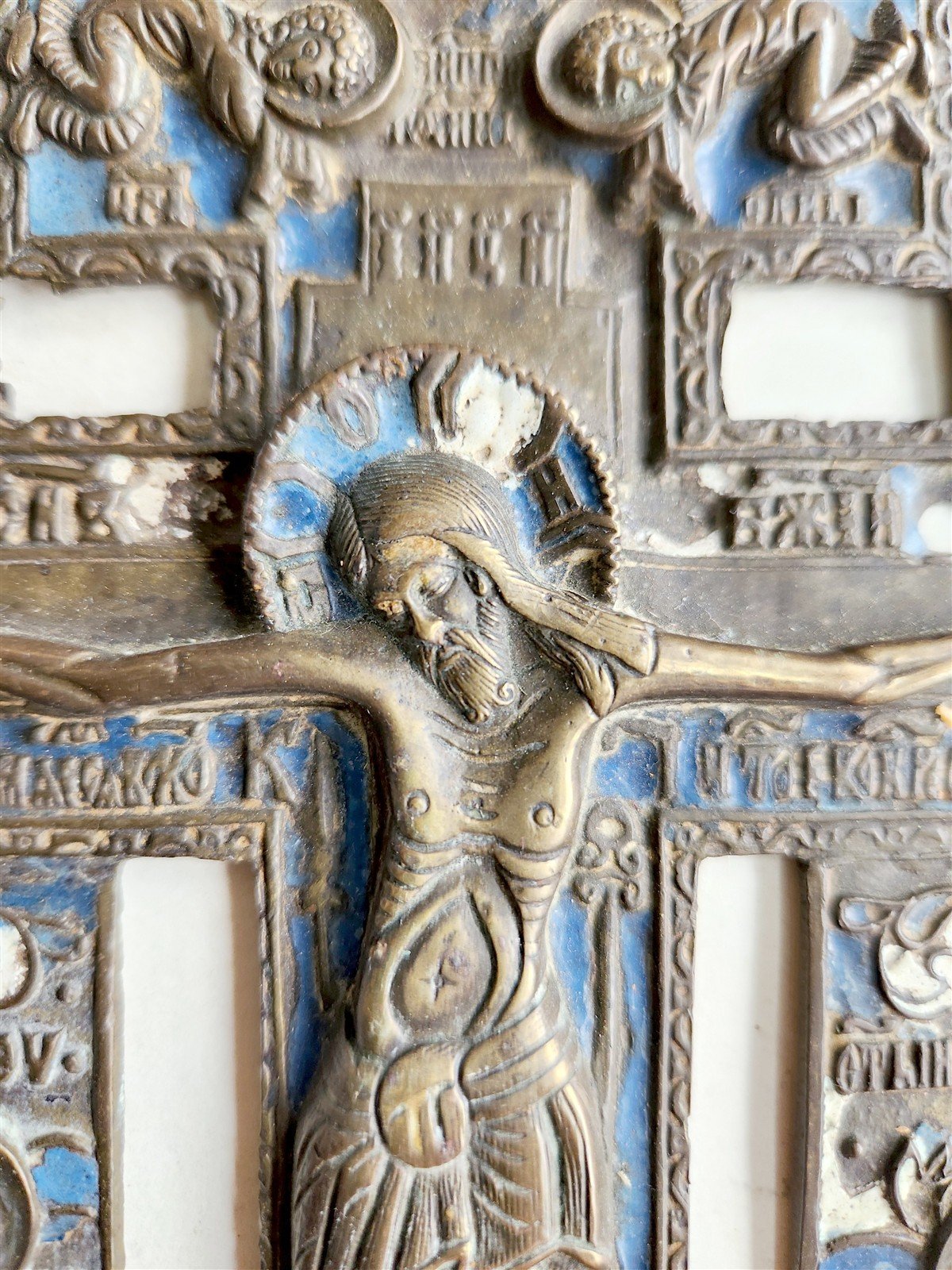 19h CENTURY RUSSIAN ORTHODOX BRONZE ENAMEL ICON CROSS antique VERY LARGE!