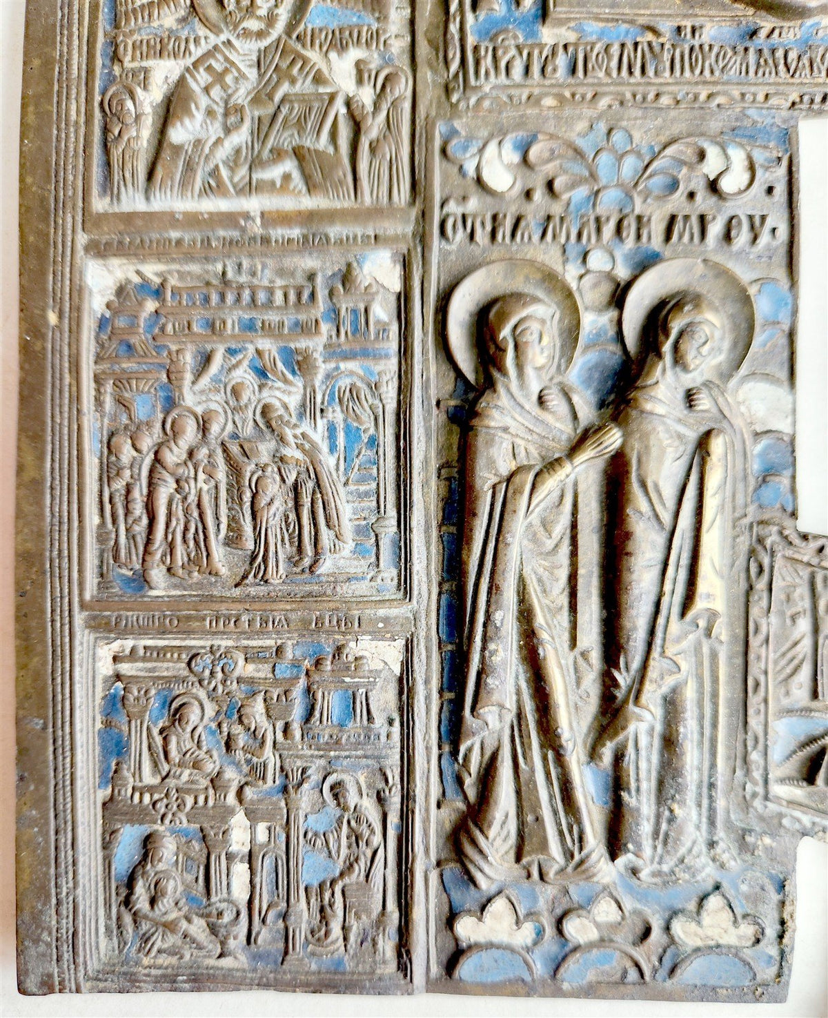 19h CENTURY RUSSIAN ORTHODOX BRONZE ENAMEL ICON CROSS antique VERY LARGE!