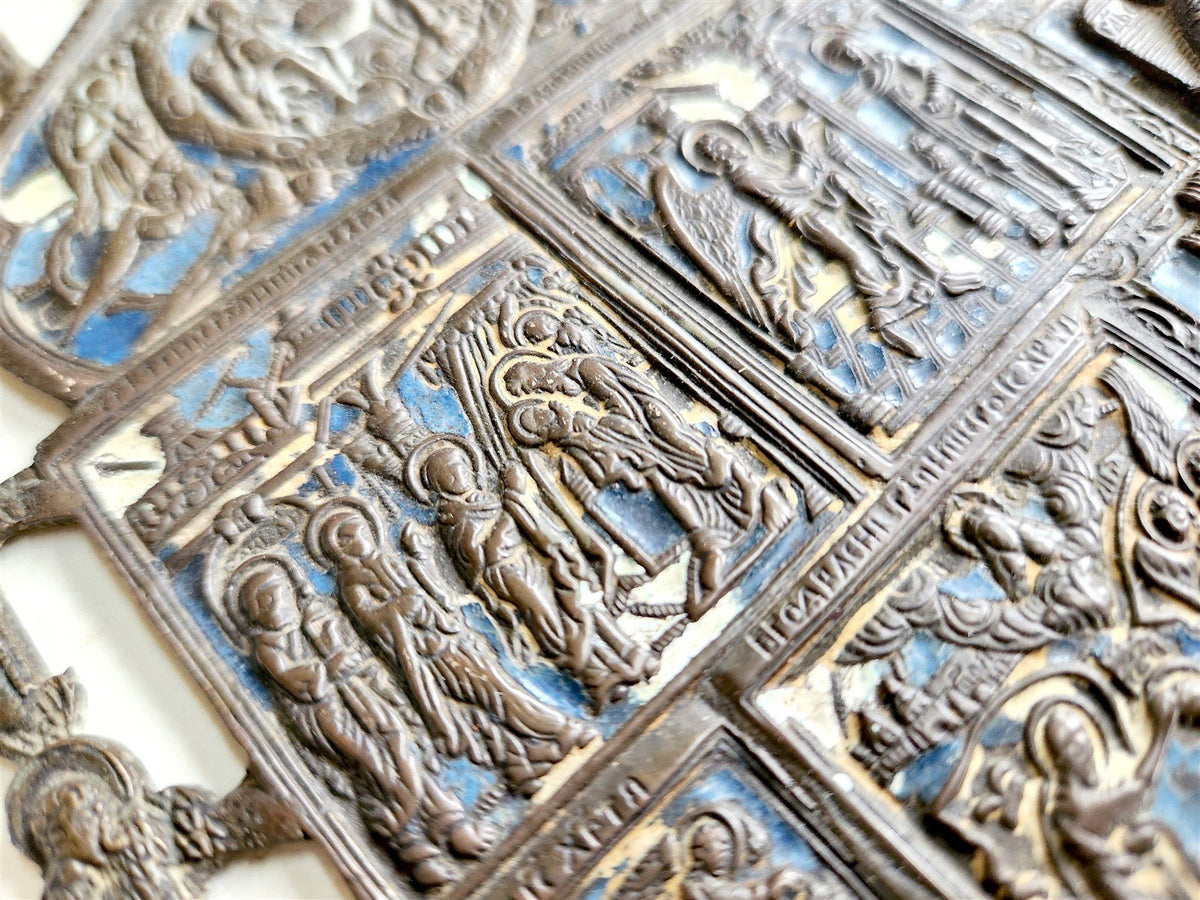19h CENTURY RUSSIAN ORTHODOX BRONZE ENAMEL ICON CROSS antique VERY LARGE!
