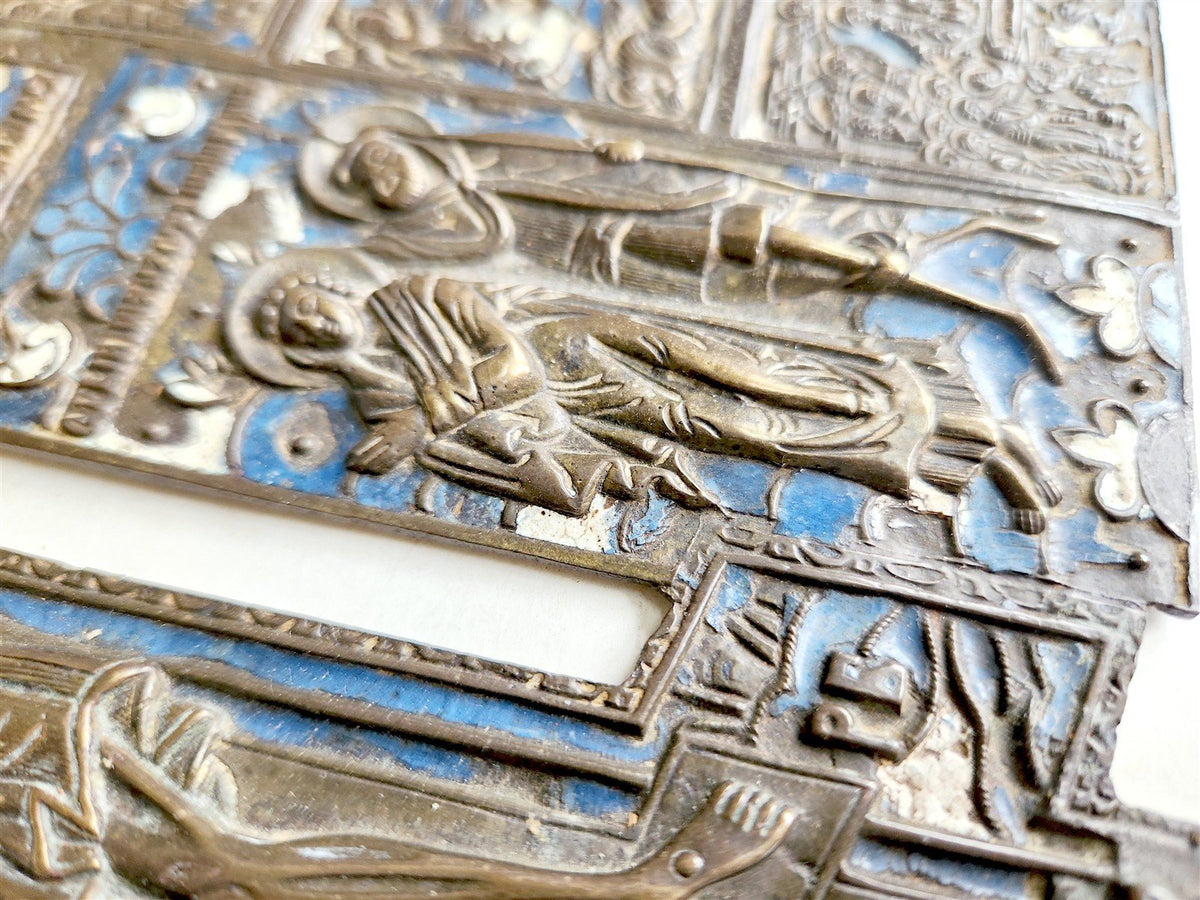 19h CENTURY RUSSIAN ORTHODOX BRONZE ENAMEL ICON CROSS antique VERY LARGE!