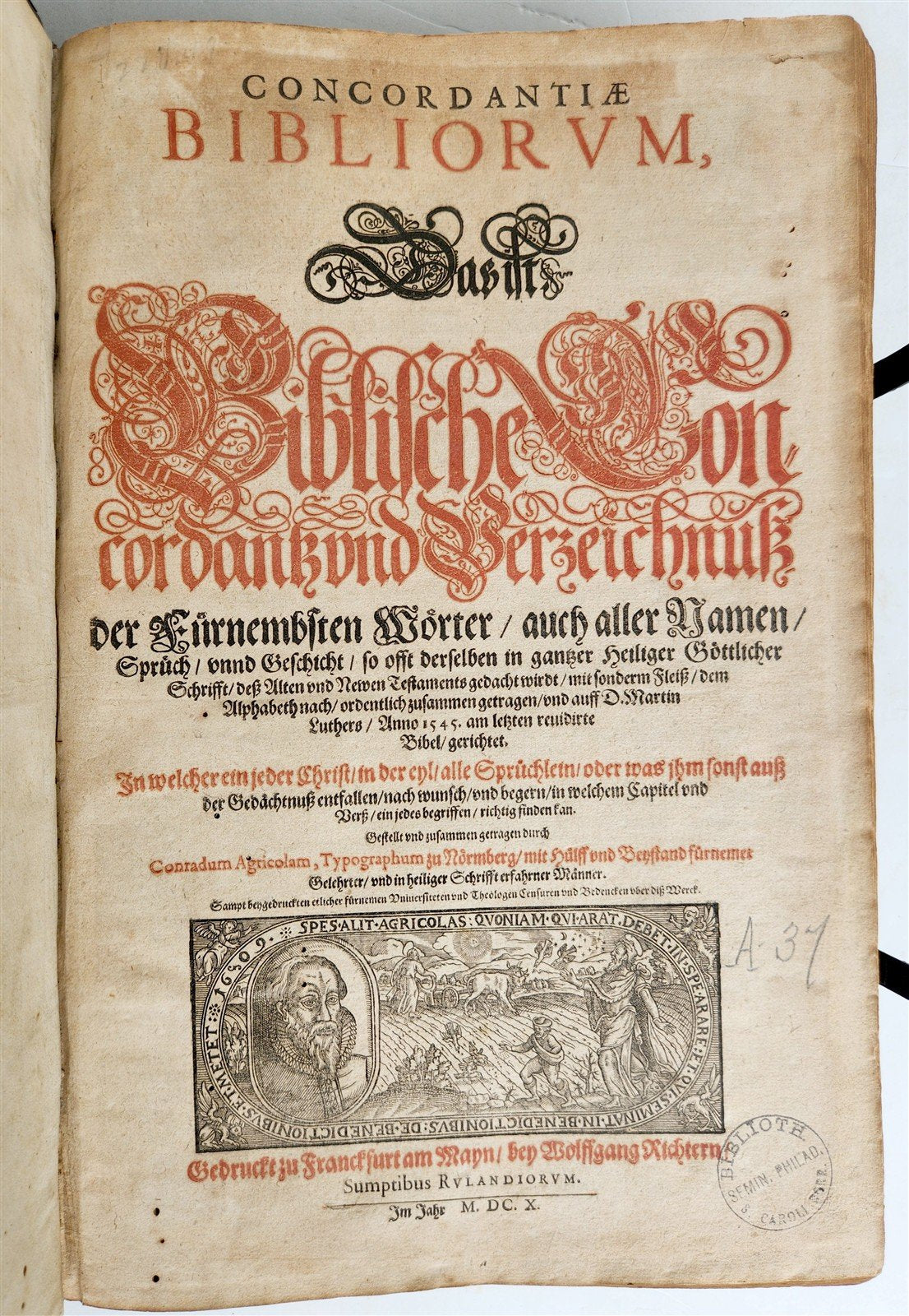 1610 BIBLE CONCORDANCE in GERMAN by Conrad Agricola antique PIGSKIN BOUND FOLIO
