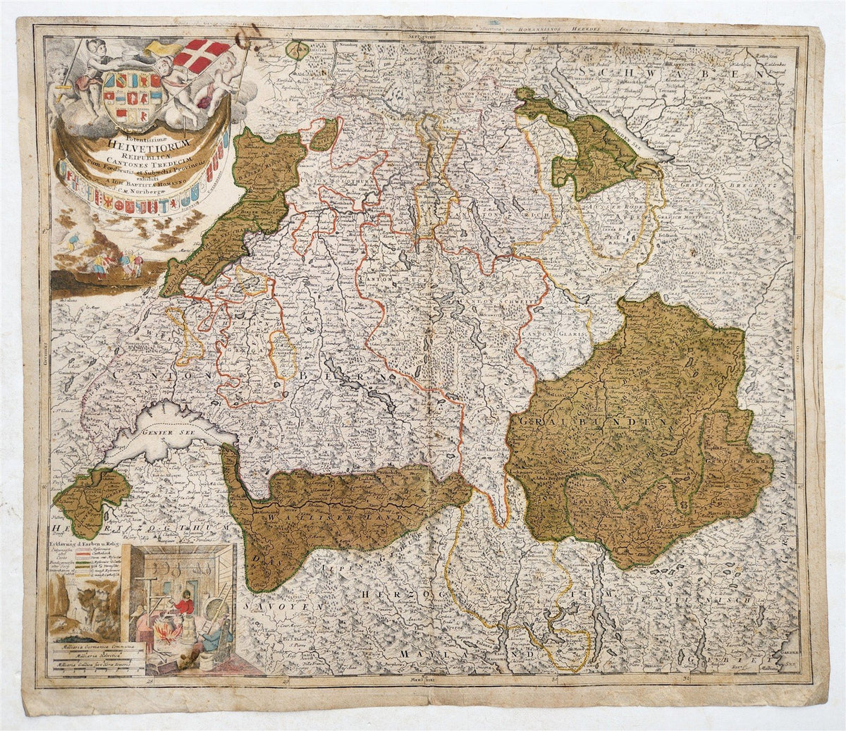 1715 MAP of SWITZERLAND by Johann Homann antique HELVETIORUM REIPUBLICAE