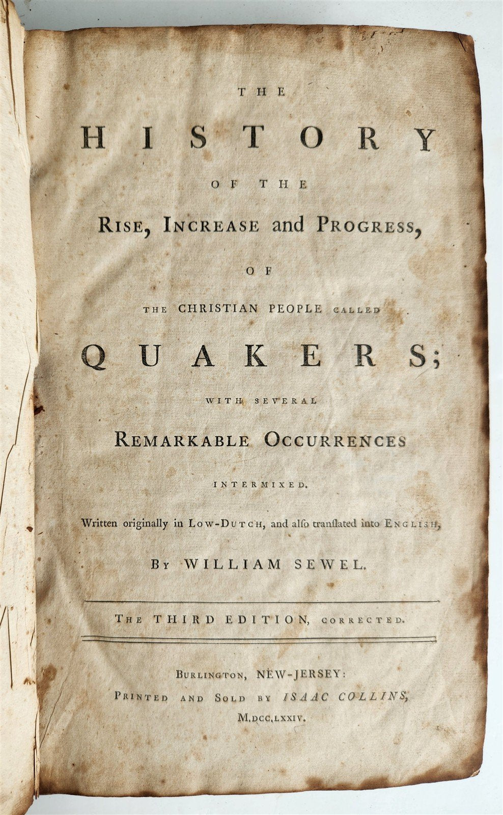 1774 HISTORY of RISE INCREASE & PROGRESS of QUAKERS antique AMERICANA by Sewell