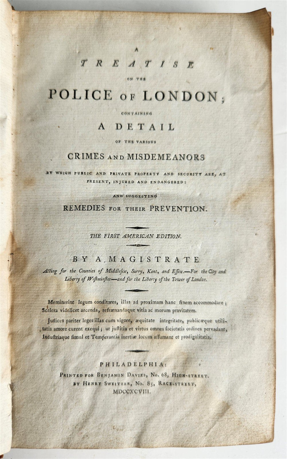 1798 TREATISE on POLICE of LONDON CRIMES & MISDEMEANORS antique 1st AMERICAN ED.