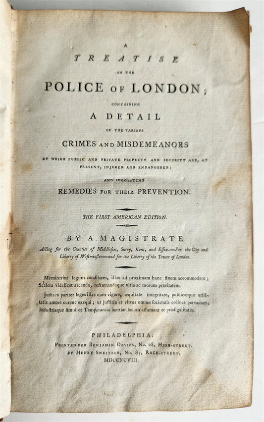 1798 TREATISE on POLICE of LONDON CRIMES & MISDEMEANORS antique 1st AMERICAN ED.