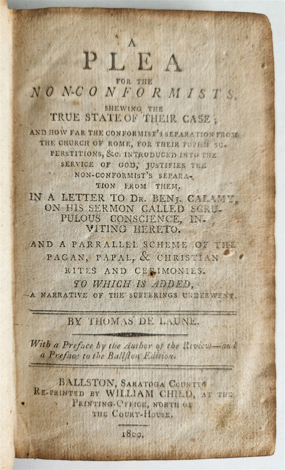1800 A PLEA for the NON-CONFORMISTS by Thomas De Laune antique Americana