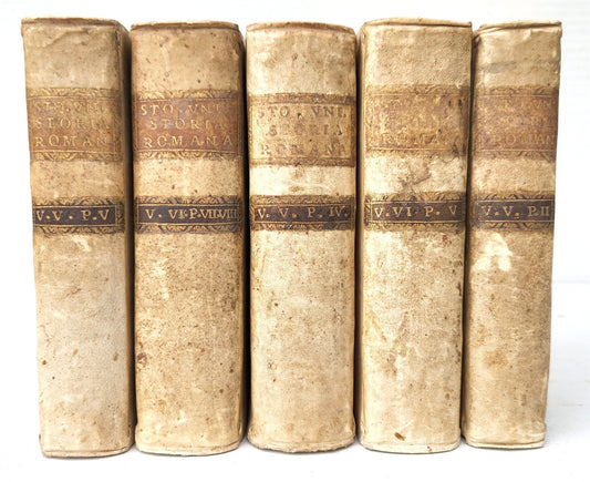 1750s UNIVERSAL HISTORY in ITALIAN 5 VELLUM BOUND VOLUMES antique