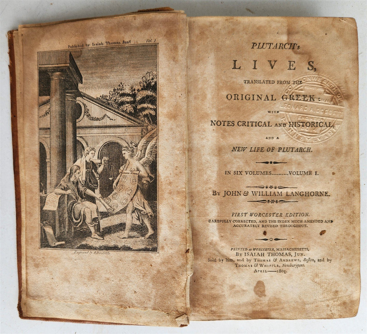1804 PLUTARCH'S LIVES translated from original Greek 4 VOLUMES antique AMERICANA