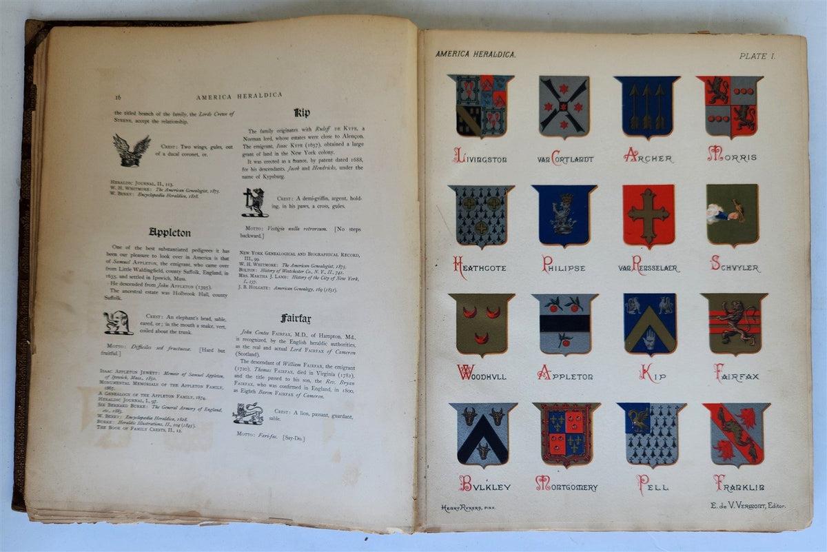 1886 AMERICA HERALDICA illustrated COATS of ARMS CRESTS & MOTTOES antique