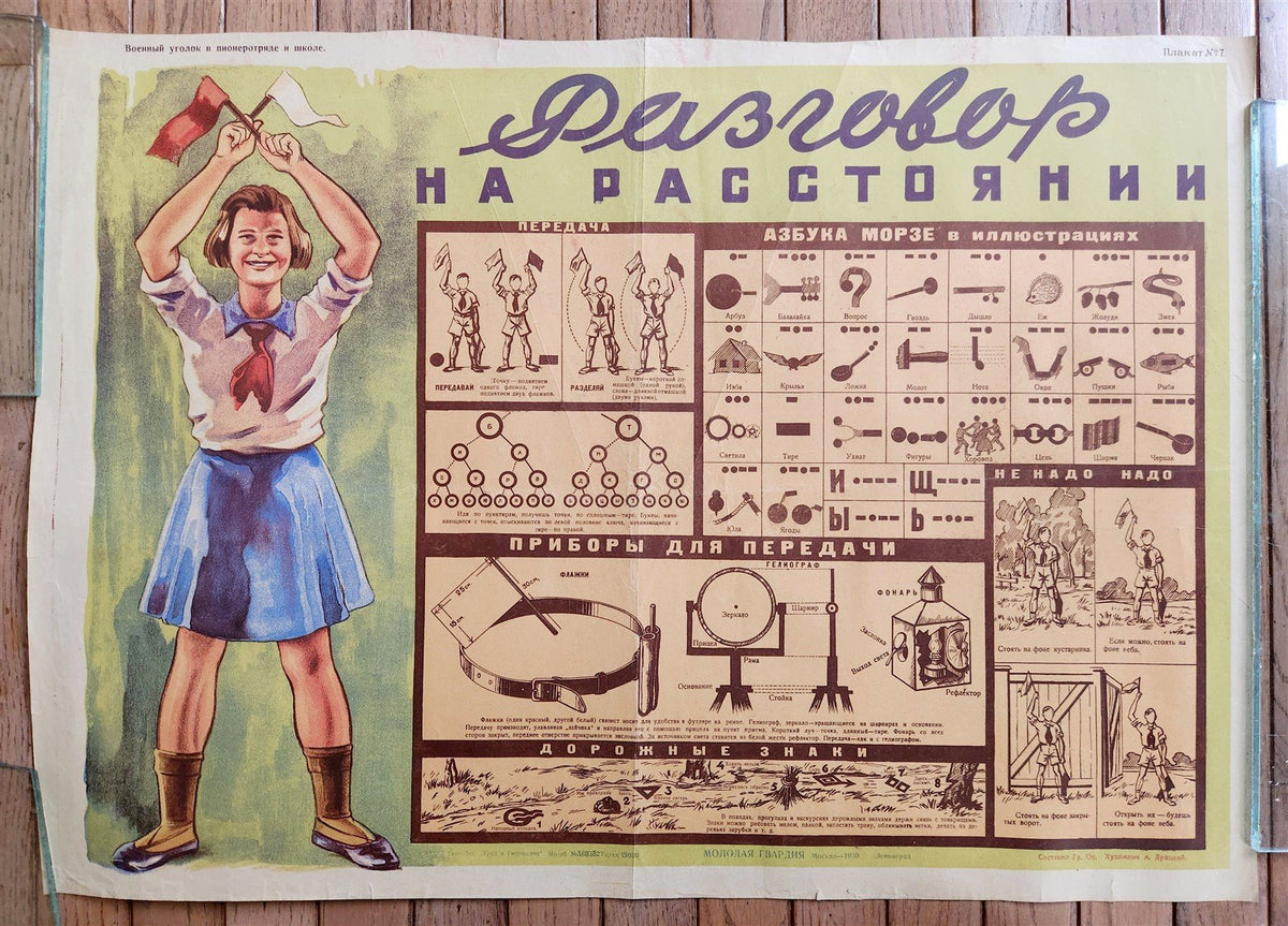 1930 RUSSIAN POSTER - MORSE CODE for KIDS MILITARY EDUCATION antique