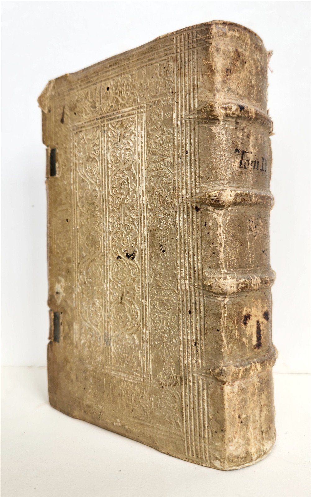 1589 ROBERTO BELLARMINI THEOLOGY 16th CENTURY PIGSKIN BINDING w/ CLASPS antique