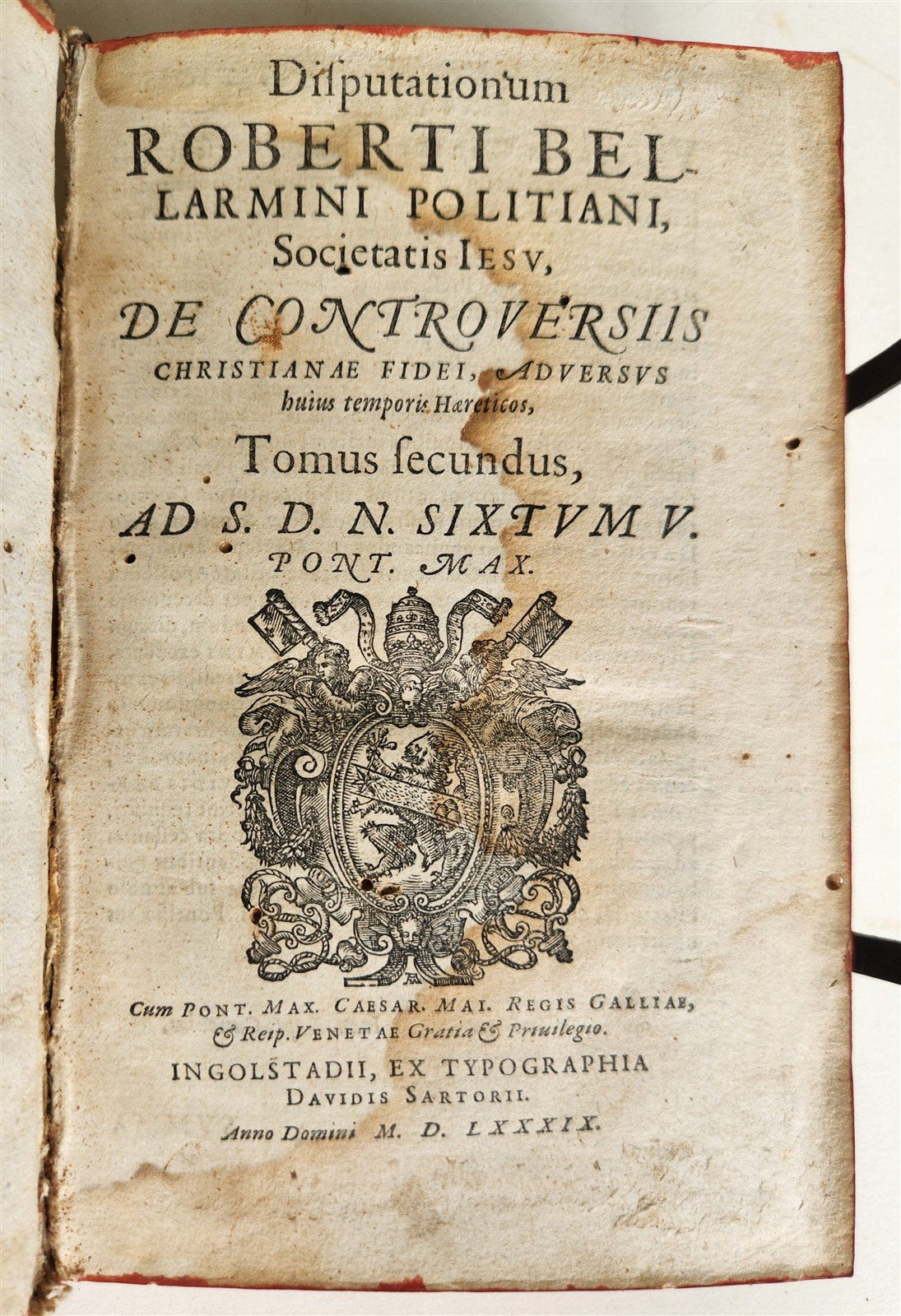 1589 ROBERTO BELLARMINI THEOLOGY 16th CENTURY PIGSKIN BINDING w/ CLASPS antique