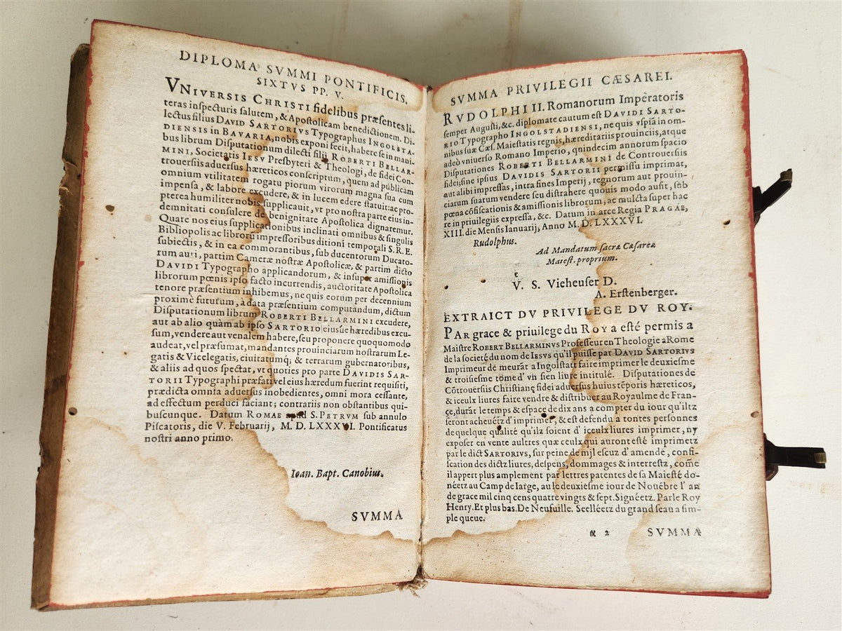1589 ROBERTO BELLARMINI THEOLOGY 16th CENTURY PIGSKIN BINDING w/ CLASPS antique