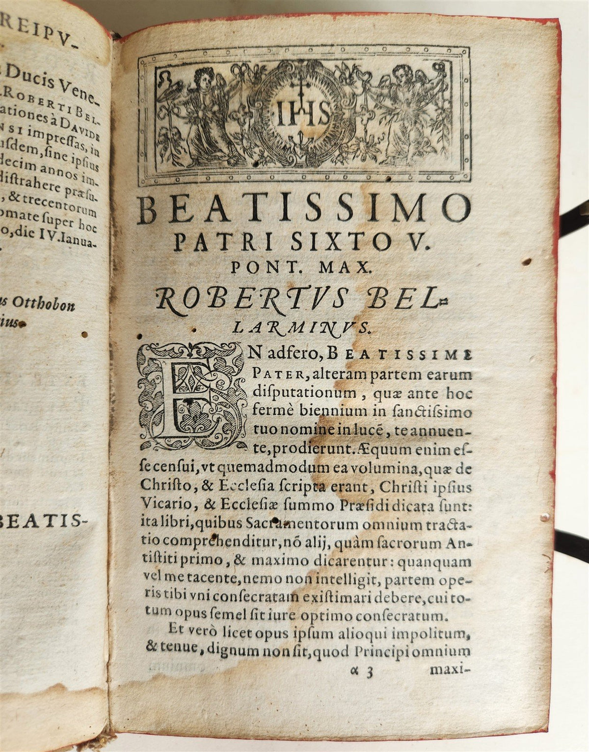 1589 ROBERTO BELLARMINI THEOLOGY 16th CENTURY PIGSKIN BINDING w/ CLASPS antique